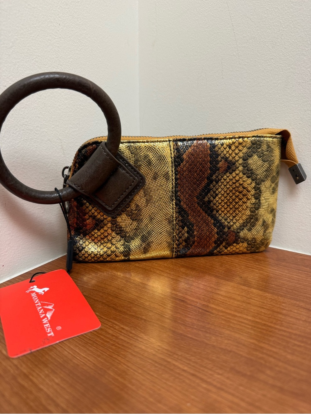 Montana West Gold and Brown Snake-Print Wristlet with Ring Handle